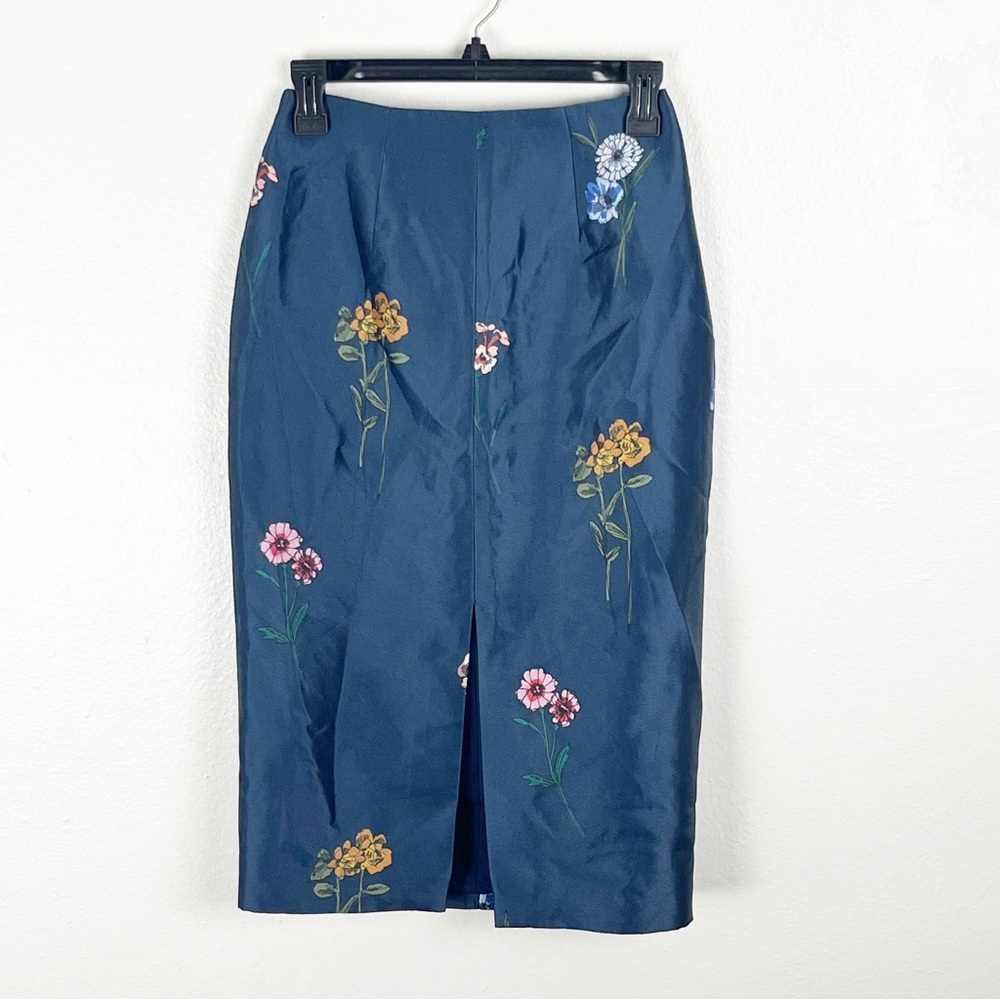 KEEPSAKE THE LABEL Afterglow Blue Floral Embroidered Front Split Skirt, Size XS